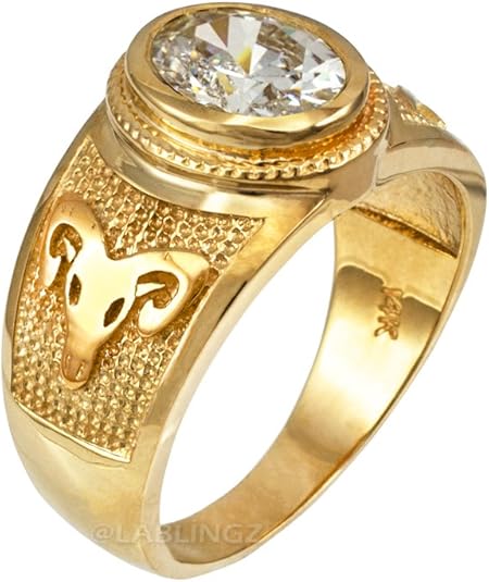14K Yellow Gold Aries Zodiac Sign April Birthstone Clear CZ Ring - Aries Ring for men