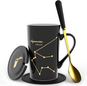 Aquarius Birthday Gifts for Women 15oz Ceramic Coffee Mug with Lid Spoon Coaster Astrology Mugs Upgrade Porcelain Tea Cup(Aquarius Black-Gold) - Aquarius Mug for men