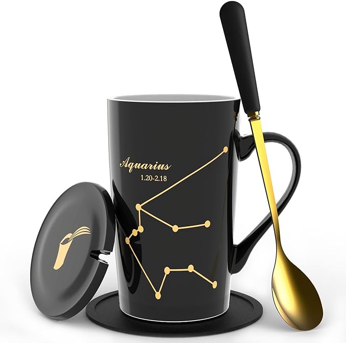 Aquarius Birthday Gifts for Women 15oz Ceramic Coffee Mug with Lid Spoon Coaster Astrology Mugs Upgrade Porcelain Tea Cup(Aquarius Black-Gold) - Aquarius Mug for men