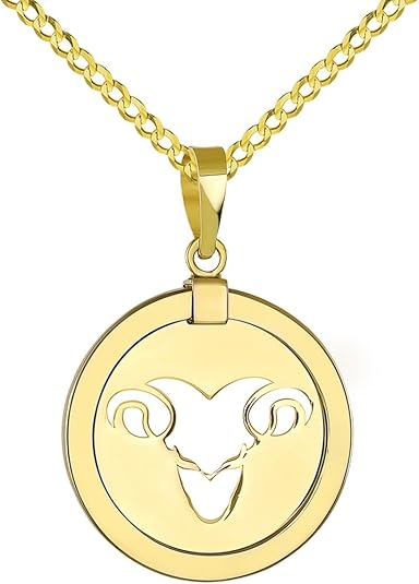 14K Yellow Gold Reversible Round Ram Aries Zodiac Sign Pendant With Cable, Curb or Figaro Chain Necklace - Aries Necklace for men