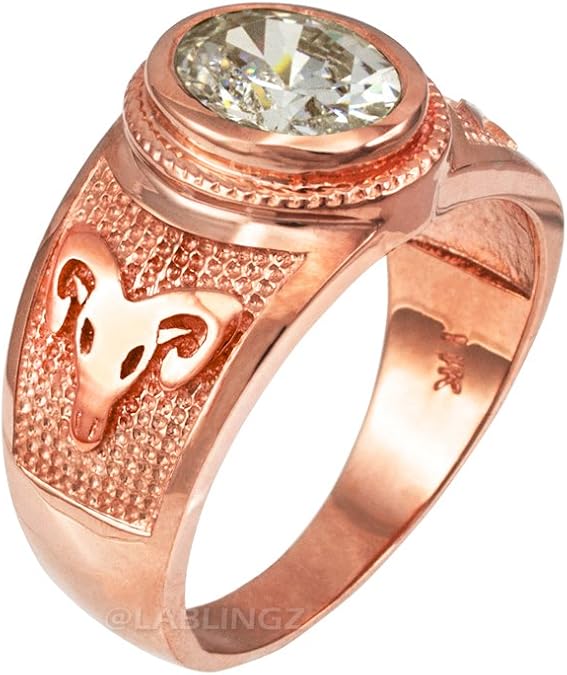14K Rose Gold Aries Zodiac Sign April Birthstone Clear CZ Ring - Aries Ring for men