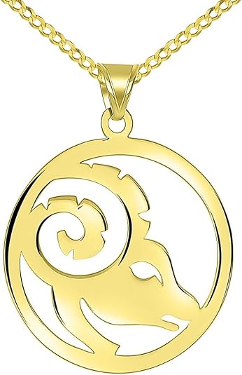 Solid 14k Yellow Gold Round Aries Zodiac Sign Cut-Out Ram Head Pendant with Cuban Chain Necklace - Aries Necklace for men