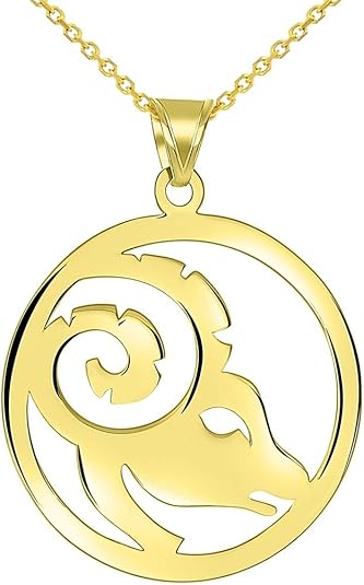 Solid 14k Yellow Gold Round Aries Zodiac Sign Cut-Out Ram Head Pendant Necklace - Aries Necklace for men