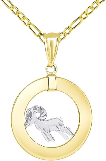 14k Two Tone Gold Open Circle Aries Zodiac Sign Pendant Figaro Necklace - Aries Necklace for men
