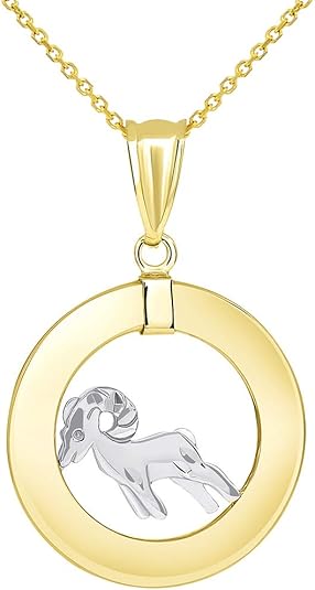 14k Two Tone Gold Open Circle Aries Zodiac Sign Pendant Necklace - Aries Necklace for men