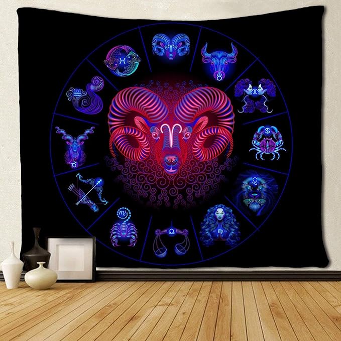 SARA NELL Aries Wall Tapestry Aries Tapestries Hippie Art Wall Hanging Throw 50X60 Inches for Bedroom Living Room Dorm Room - Black and Blue Zodiac - Aries Poster for men