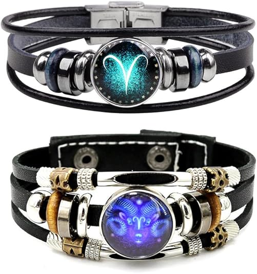 2Pcs Multilayer Constellation Zodiac Leather Bracelet for Women Men Handmade Woven Zodiac Sign Wrap Wristband Bracelet Couple BFF Birthday Jewelry - Aries Bracelet for men
