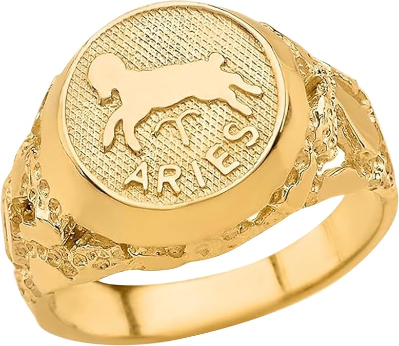 10K Yellow Gold 1/2" Wide Men’s Zodiac Sign Signet Band or Pinky Ring with Tapered Nugget Style Band - Aries - Size 11 - Aries Ring for men