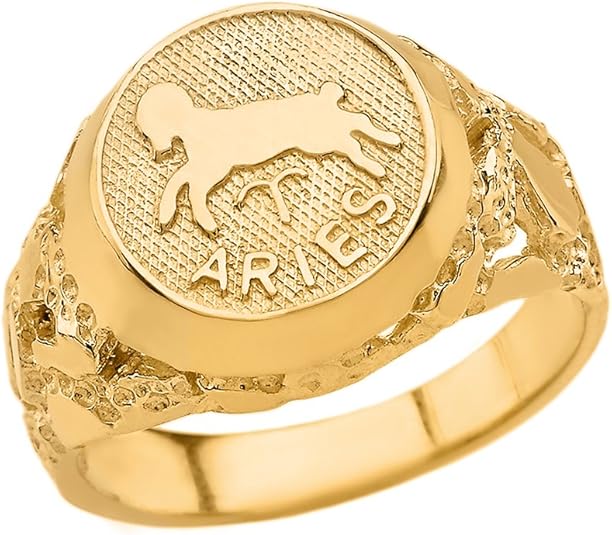10K Yellow Gold 1/2" Wide Men’s Zodiac Sign Signet Band or Pinky Ring with Tapered Nugget Style Band - Aries - Size 8 - Aries Ring for men