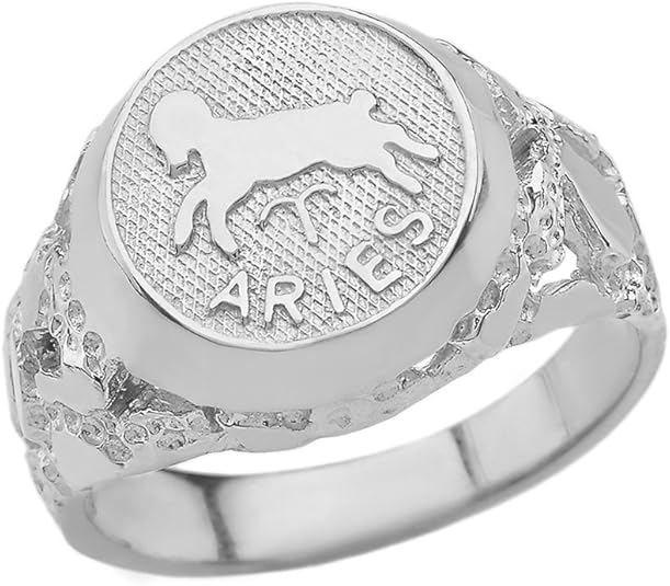 Solid 14k White Gold Zodiac Sign Band Nugget Men's Ring - Aries Ring for men