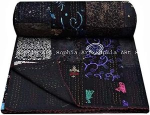 Handmade Vintage Khambadiya Print Hand Jari Patchwork King/Twin Size Embroidery Kantha Quilt Home Decorative Kantha Bedspread Indian Blanket Coverlet Art - Gemini Blanket for men