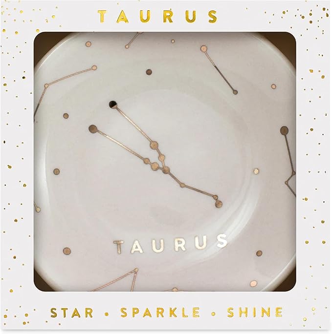 Lucky Feather Zodiac Ring Dish for Women – Glazed Ceramic Jewelry Tray with Astrological Constellation Depicted in Opulent Metallic Gold - Taurus - Taurus for men