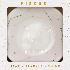 Lucky Feather Zodiac Ring Dish for Women – Glazed Ceramic Jewelry Tray with Astrological Constellation Depicted in Opulent Metallic Gold - Pisces - Pisces for men