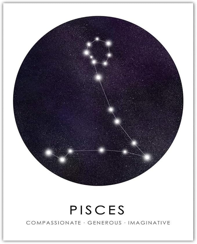 Buzz Unplugged Pisces Zodiac Astrology Poster: Unique Astronomy Boho Wall Art Poster for Home, Office, Bedroom & Living Room Decor - Unframed Posters 8x10 - Pisces Canvas for men