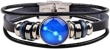 Creative Twelve Constellation Bracelet 12 Zodiac Signs Woven Leather Glass Buckle Beads Bangle for Women - Aries Bracelet for men
