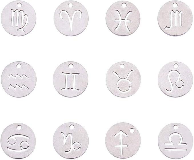 PH PandaHall 24pcs 304 Stainless Steel 12 Constellations Zodiac Sign Pendants Charms Astrology Horoscope Charms Beads for DIY Jewelry Craft Making(Stainless Steel Color) - Aries Necklace for men