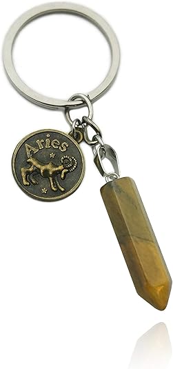 Zodiac Crystal Stone Keychain Natural Rose Stone/Red Agate/Aventurine Healing Crystal Keychain - Aries Ring for men