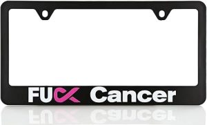 Baron-Jewelry Warrior Fuck Cancer Awareness License Plate Frame, Durable Black Powder Coated Plastic Frame. UV Printed with Pink Ribbon for Breast Cancer Awareness. - Cancer Car Accessories for men