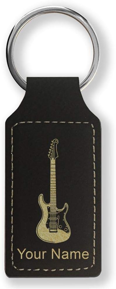 LaserGram Rectangle Keychain, Electric Guitar, Personalized Engraving Included (Black with Gold) - Aries Keychain for men