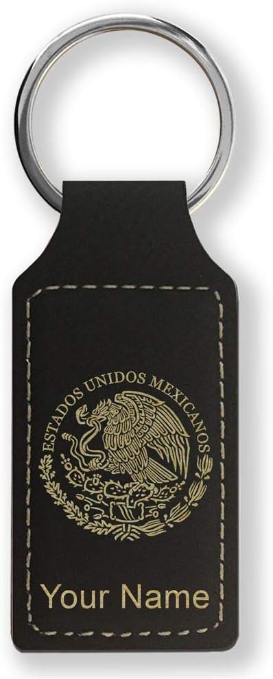 LaserGram Rectangle Keychain, Flag of Mexico, Personalized Engraving Included (Black with Gold) - Aries Keychain for men