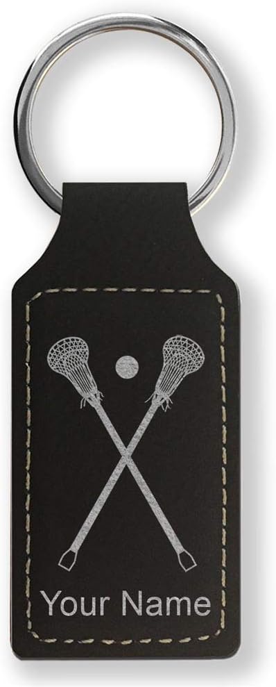 LaserGram Rectangle Keychain, Lacrosse Sticks, Personalized Engraving Included (Black with Silver) - Aries Keychain for men