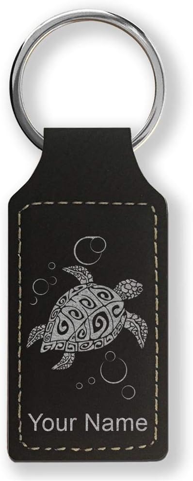 LaserGram Rectangle Keychain, Hawaiian Sea Turtle, Personalized Engraving Included (Black with Silver) - Aries Keychain for men
