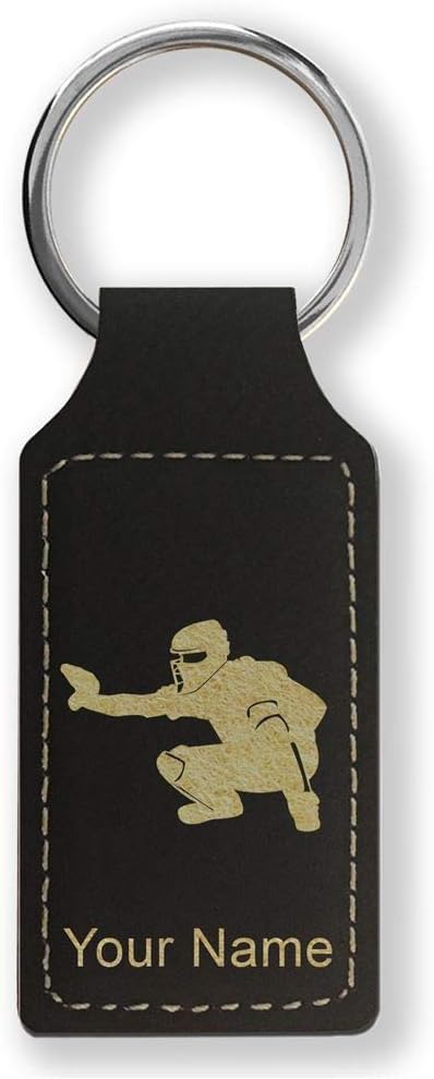 Rectangle Keychain, Baseball Catcher, Personalized Engraving Included - Aries Keychain for men