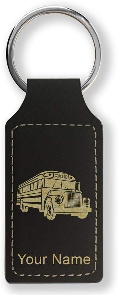 Rectangle Keychain, School Bus, Personalized Engraving Included - Aries Keychain for men