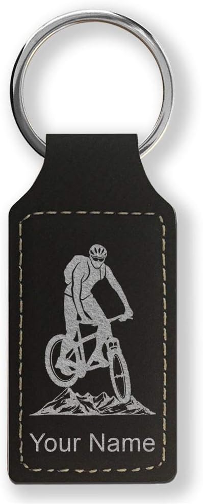 LaserGram Rectangle Keychain, Mountain Bike, Personalized Engraving Included (Black with Silver) - Aries Keychain for men