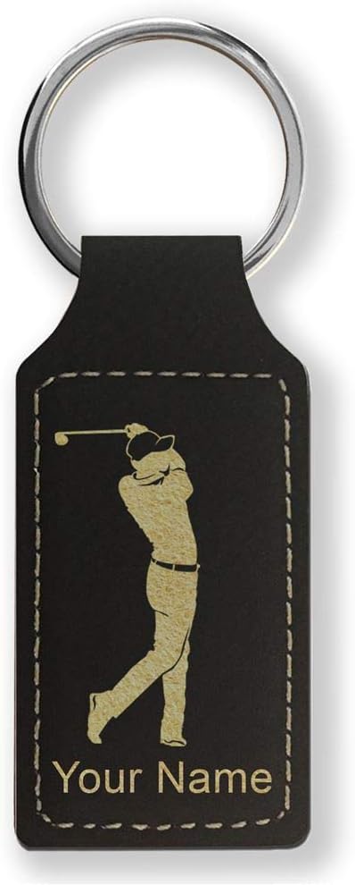 Rectangle Keychain, Golfer Golfing, Personalized Engraving Included - Aries Keychain for men