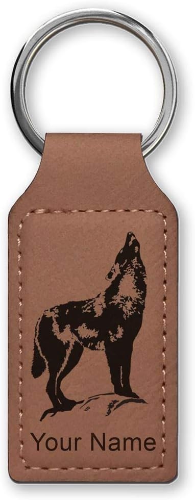 LaserGram Rectangle Keychain, Howling Wolf, Personalized Engraving Included (Dark Brown) - Aries Keychain for men