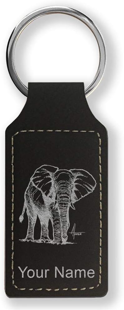 Rectangle Keychain, African Elephant, Personalized Engraving Included - Aries Keychain for men