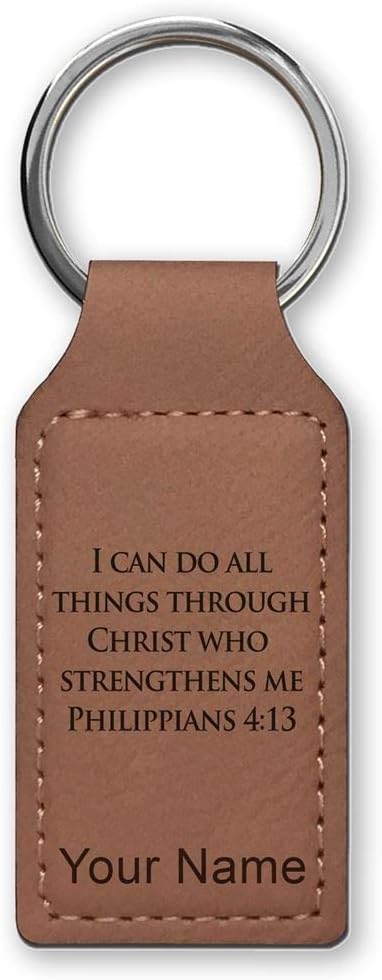LaserGram Rectangle Keychain, Bible Verse Philippians 4-13, Personalized Engraving Included (Dark Brown) - Aries Keychain for men