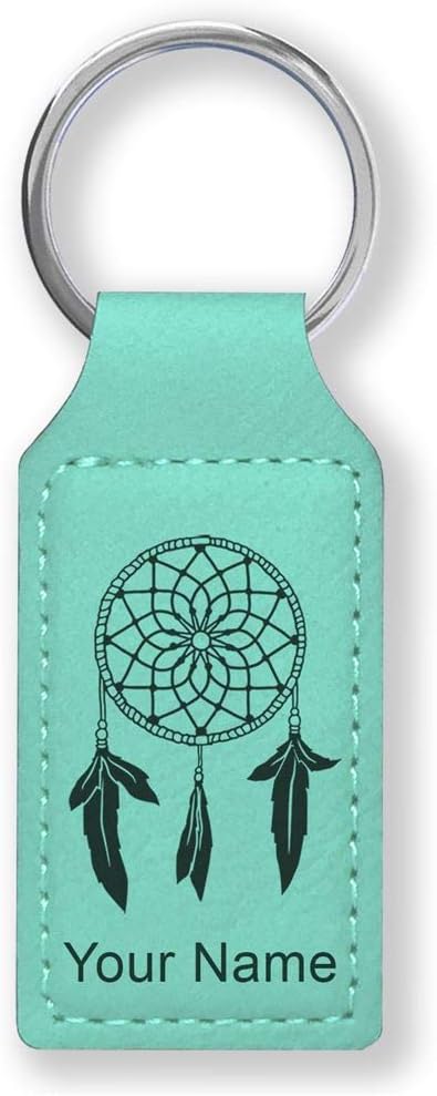 LaserGram Rectangle Keychain, Dream Catcher, Personalized Engraving Included (Teal) - Aries Keychain for men
