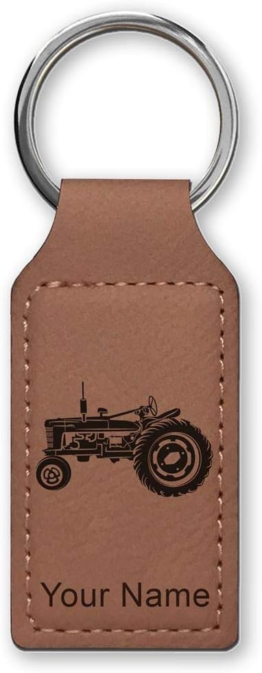 LaserGram Rectangle Keychain, Old Farm Tractor, Personalized Engraving Included (Dark Brown) - Aries Keychain for men
