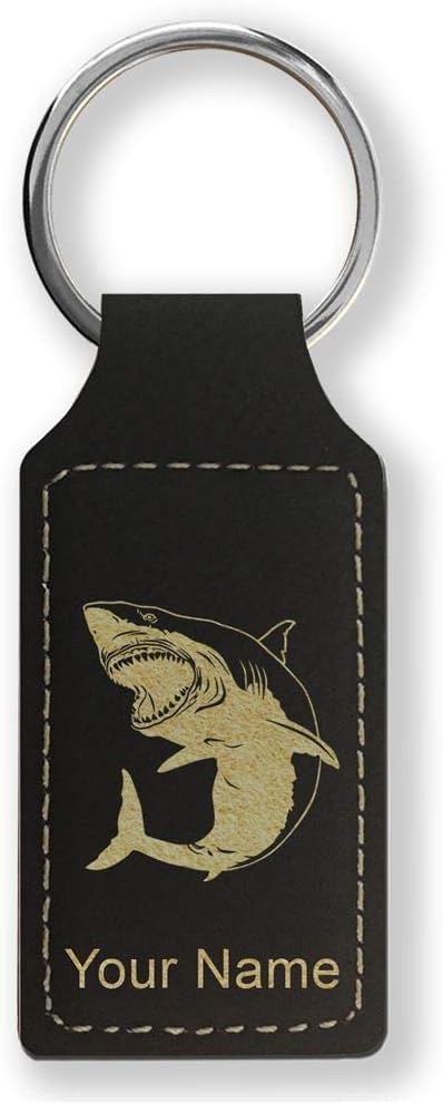 LaserGram Rectangle Keychain, Great White Shark, Personalized Engraving Included (Black with Gold) - Aries Keychain for men