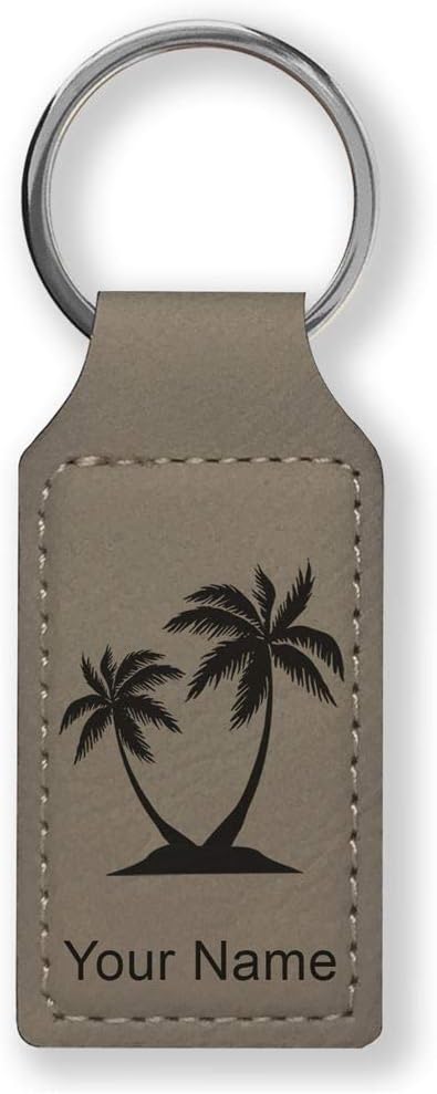 LaserGram Rectangle Keychain, Palm Trees, Personalized Engraving Included (Gray) - Aries Keychain for men