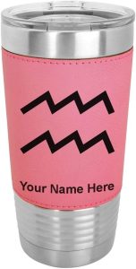 LaserGram 20oz Vacuum Insulated Tumbler Mug, Zodiac Sign Aquarius, Personalized Engraving Included (Faux Leather, Pink) - Aquarius Mug for men