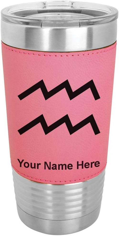 LaserGram 20oz Vacuum Insulated Tumbler Mug, Zodiac Sign Aquarius, Personalized Engraving Included (Faux Leather, Pink) - Aquarius Mug for men