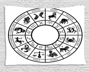 Lunarable Zodiac Tapestry, Monochromatic Design Horoscope Wheel with Names and Signs Leo Gemini Cancer, Wide Wall Hanging for Bedroom Living Room Dorm, 60" X 40", Black White - Gemini Blanket for men