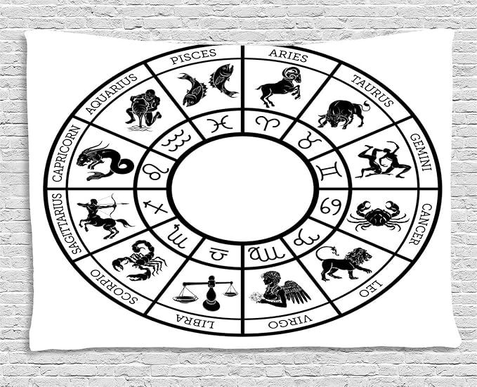 Lunarable Zodiac Tapestry, Monochromatic Design Horoscope Wheel with Names and Signs Leo Gemini Cancer, Wide Wall Hanging for Bedroom Living Room Dorm, 60" X 40", Black White - Gemini Blanket for men