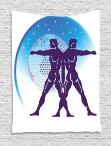 Lunarable Gemini Tapestry, Zodiac Sign Composition with 2 Male and Star Globe, Wall Hanging for Bedroom Living Room Dorm Decor, 40" X 60", Purple Azure Blue - Gemini Blanket for men