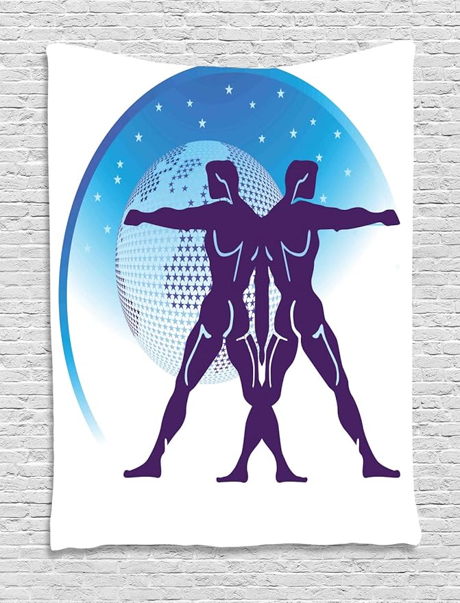Lunarable Gemini Tapestry, Zodiac Sign Composition with 2 Male and Star Globe, Wall Hanging for Bedroom Living Room Dorm Decor, 40" X 60", Purple Azure Blue - Gemini Blanket for men