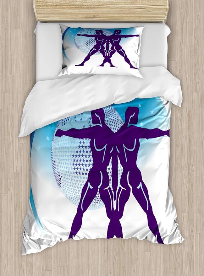 Lunarable Gemini Duvet Cover Set, Zodiac Sign Composition with 2 Male and Star Globe, Decorative 2 Piece Bedding Set with 1 Pillow Sham, Twin Size, Purple Azure Blue - Gemini Blanket for men