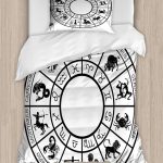 Lunarable Zodiac Duvet Cover Set, Monochromatic Design Horoscope Wheel with Names and Signs Leo Gemini Cancer, Decorative 2 Piece Bedding Set with 1 Pillow Sham, Twin Size, Black White - Gemini Blanket for men