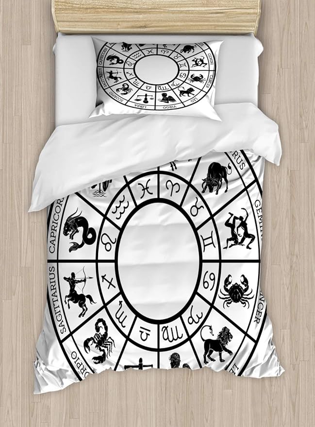Lunarable Zodiac Duvet Cover Set, Monochromatic Design Horoscope Wheel with Names and Signs Leo Gemini Cancer, Decorative 2 Piece Bedding Set with 1 Pillow Sham, Twin Size, Black White - Gemini Blanket for men