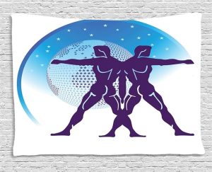 Lunarable Gemini Tapestry, Zodiac Sign Composition with 2 Male and Star Globe, Wide Wall Hanging for Bedroom Living Room Dorm, 80" X 60", Purple Azure Blue - Gemini Blanket for men