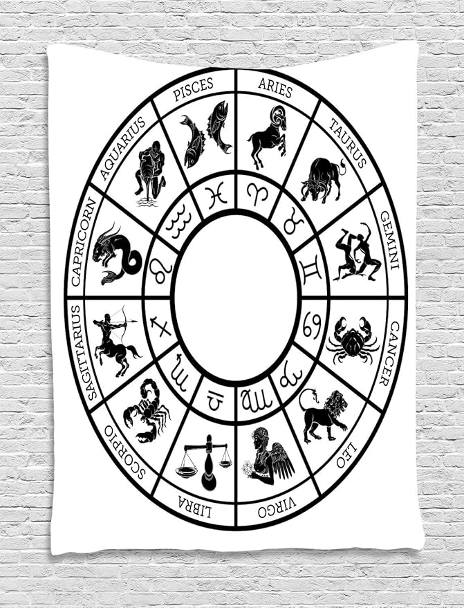 Lunarable Zodiac Tapestry, Monochromatic Design Horoscope Wheel with Names and Signs Leo Gemini Cancer, Wall Hanging for Bedroom Living Room Dorm Decor, 40" X 60", Black White - Gemini Blanket for men