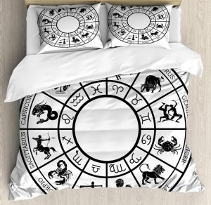Lunarable Zodiac Duvet Cover Set, Monochromatic Design Horoscope Wheel with Names and Signs Leo Gemini Cancer, Decorative 3 Piece Bedding Set with 2 Pillow Shams, King Size, Black White - Gemini Blanket for men