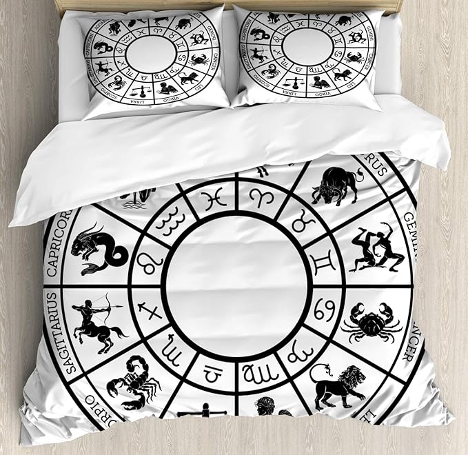Lunarable Zodiac Duvet Cover Set, Monochromatic Design Horoscope Wheel with Names and Signs Leo Gemini Cancer, Decorative 3 Piece Bedding Set with 2 Pillow Shams, King Size, Black White - Gemini Blanket for men